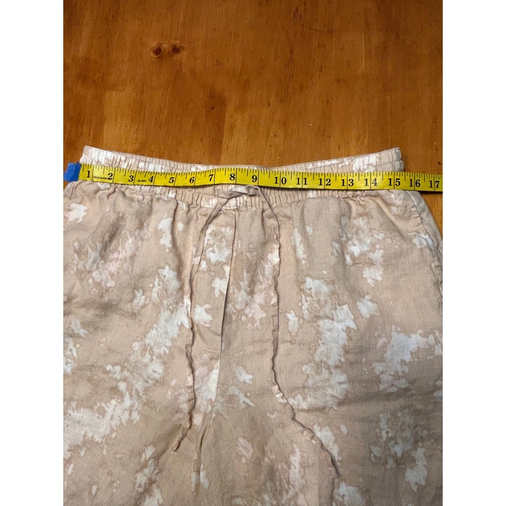 DKNY Pure 100% Linen Boho Chic Wide Leg Drawstring Pants Tan White Tie Dye Print - Picture 6 of 10